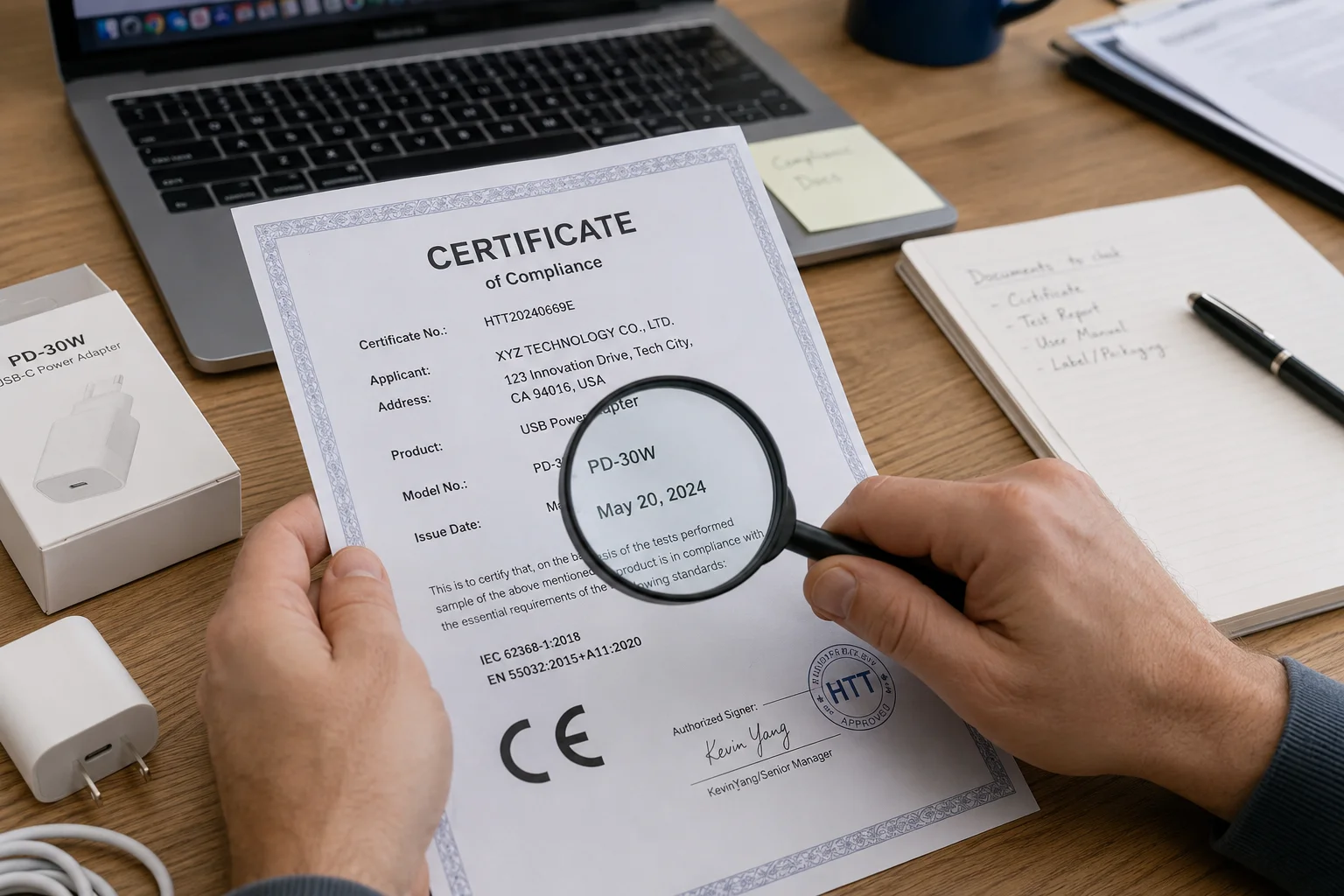 A magnifying glass hovering over a compliance certificate, highlighting the model number and date.