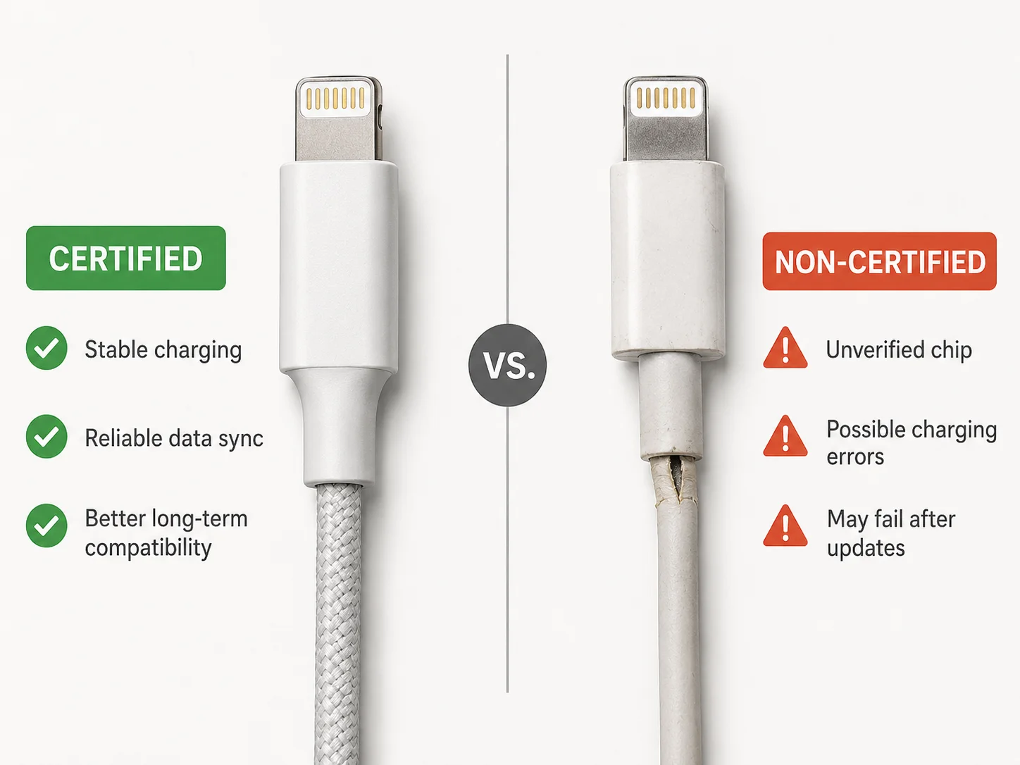 Diagram showing a certified vs a non-certified lightning connector