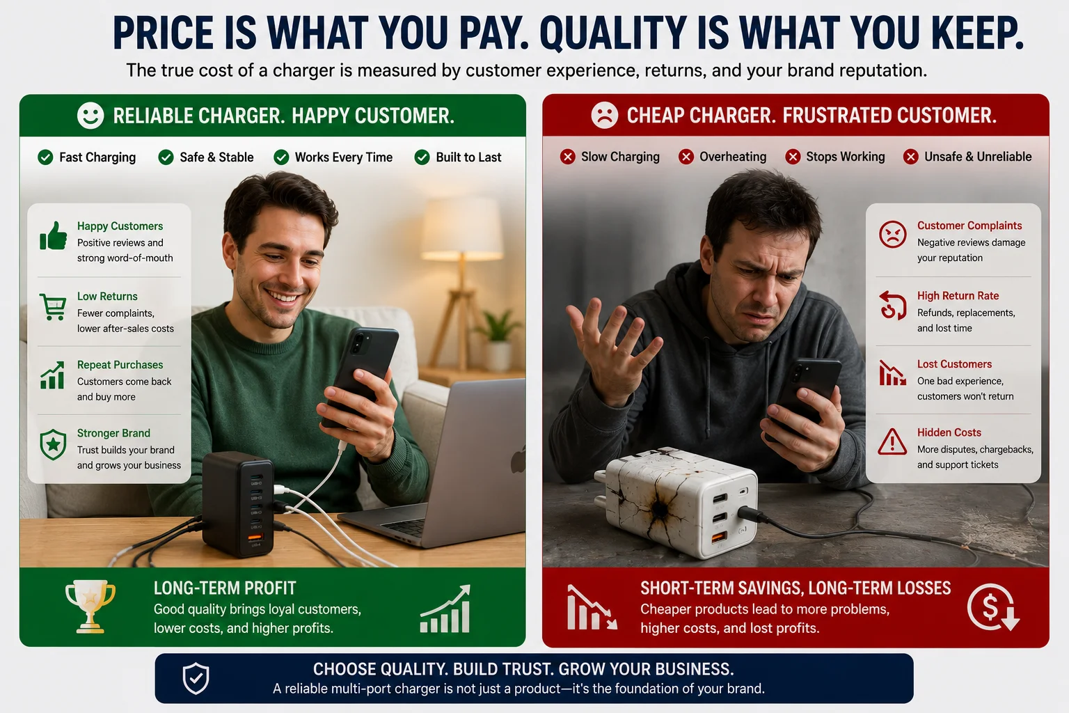 Price vs. Quality in Chargers A happy customer using a reliable charger versus a frustrated customer with a broken one