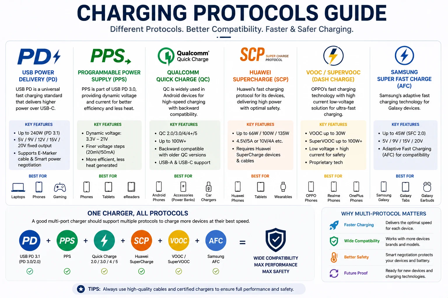 Charging Protocols Guide Icons of different charging protocols like PD, PPS, QC