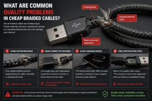 Infographic detailing issues in cheap braided cables, including fraying braids, weak connectors, slow charging speeds, and fake certification chips.