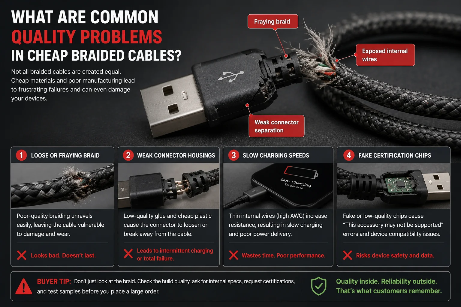 a frayed and broken braided usb cable