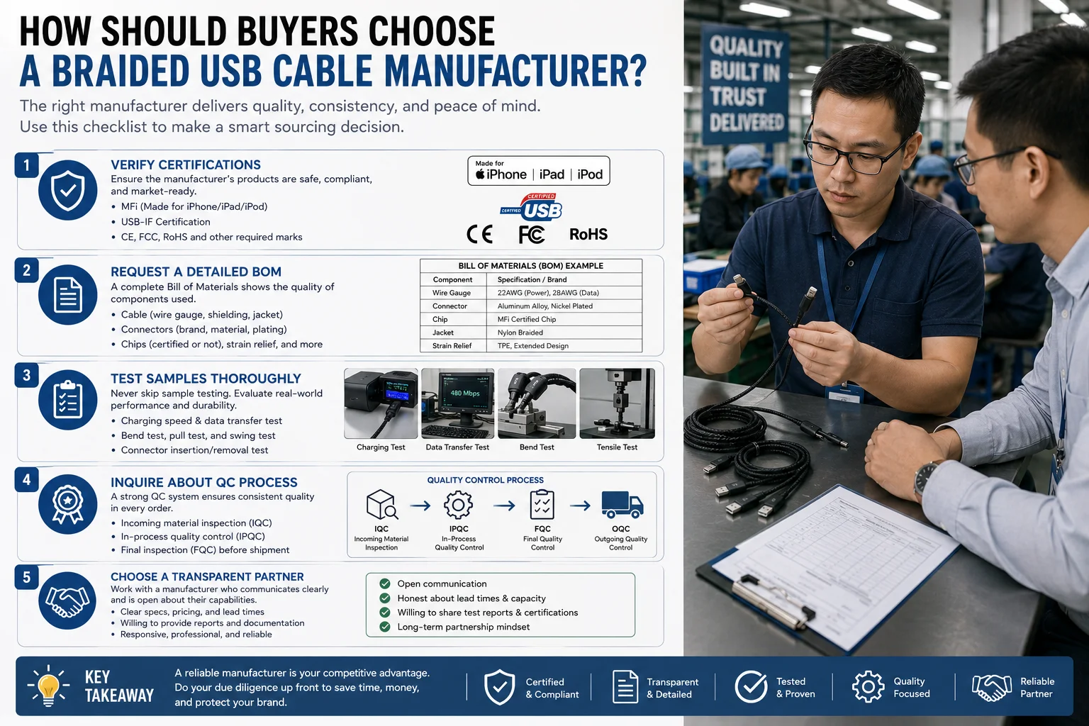 a buyer inspecting usb cables in a factory