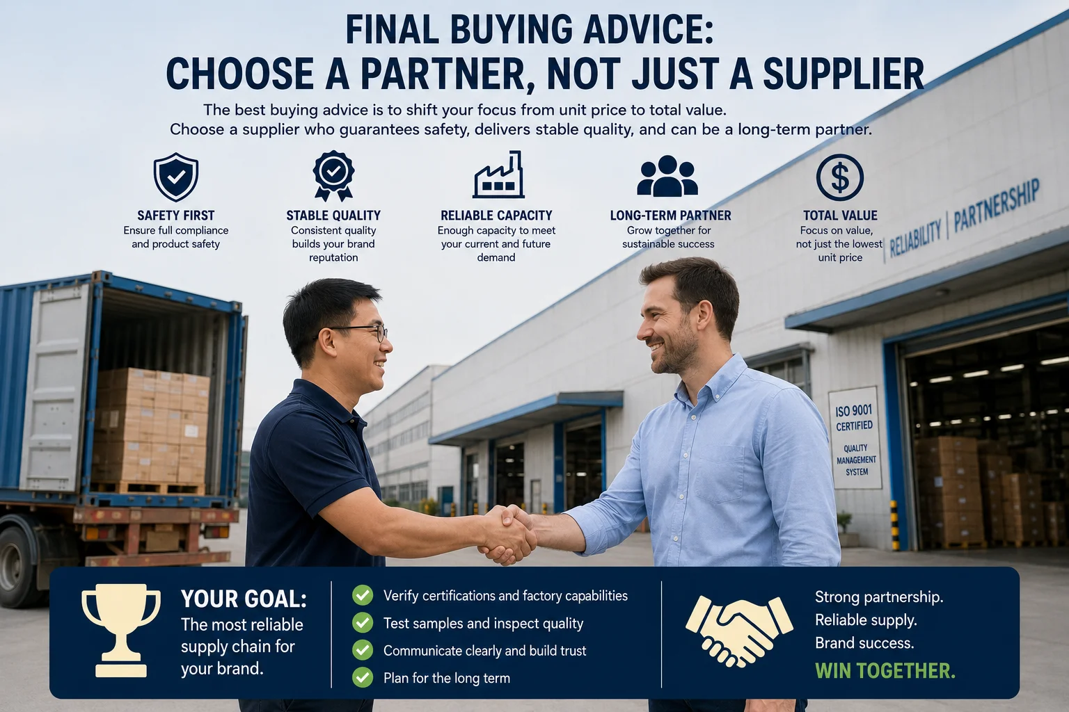 Choosing a Long-Term Charger Supplier A handshake sealing a deal in front of a warehouse.