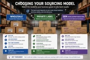 Infographic contrasting wholesale, private label, and OEM sourcing models with benefits, trade-offs, and use cases in a warehouse setting.