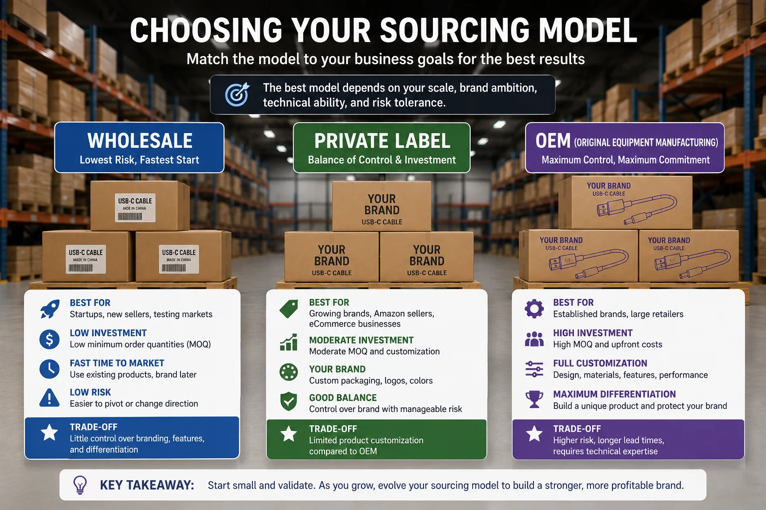 Choosing Your Sourcing Model A warehouse with boxes labeled Wholesale, Private Label, and OEM