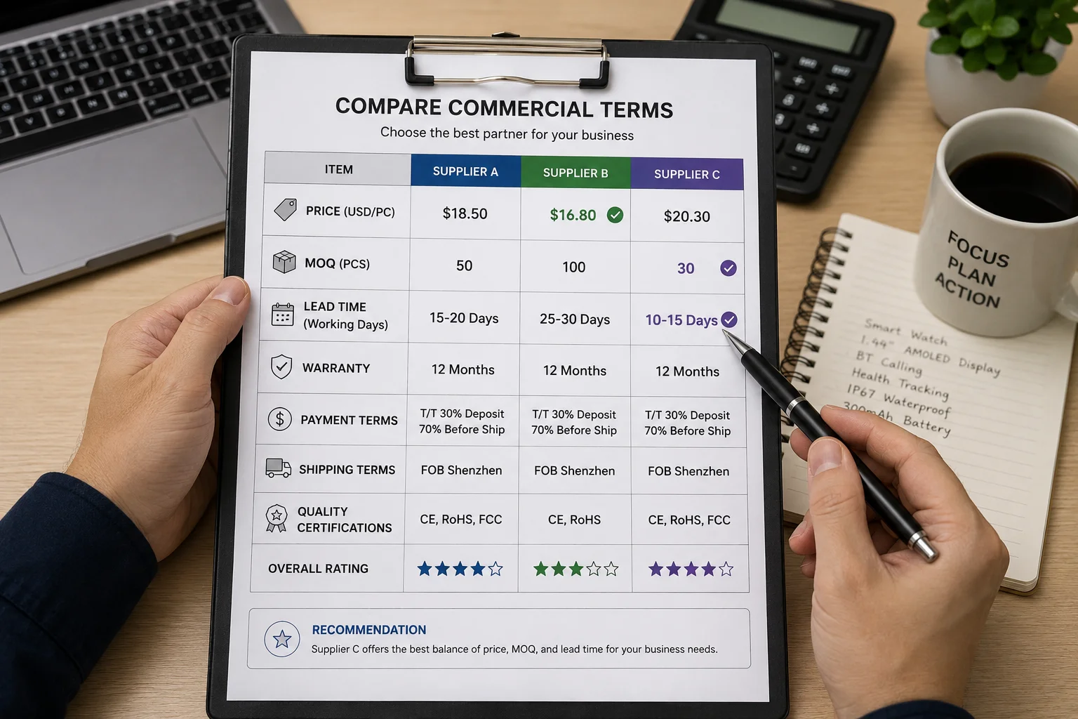Comparing price, MOQ, and lead time on a clipboard