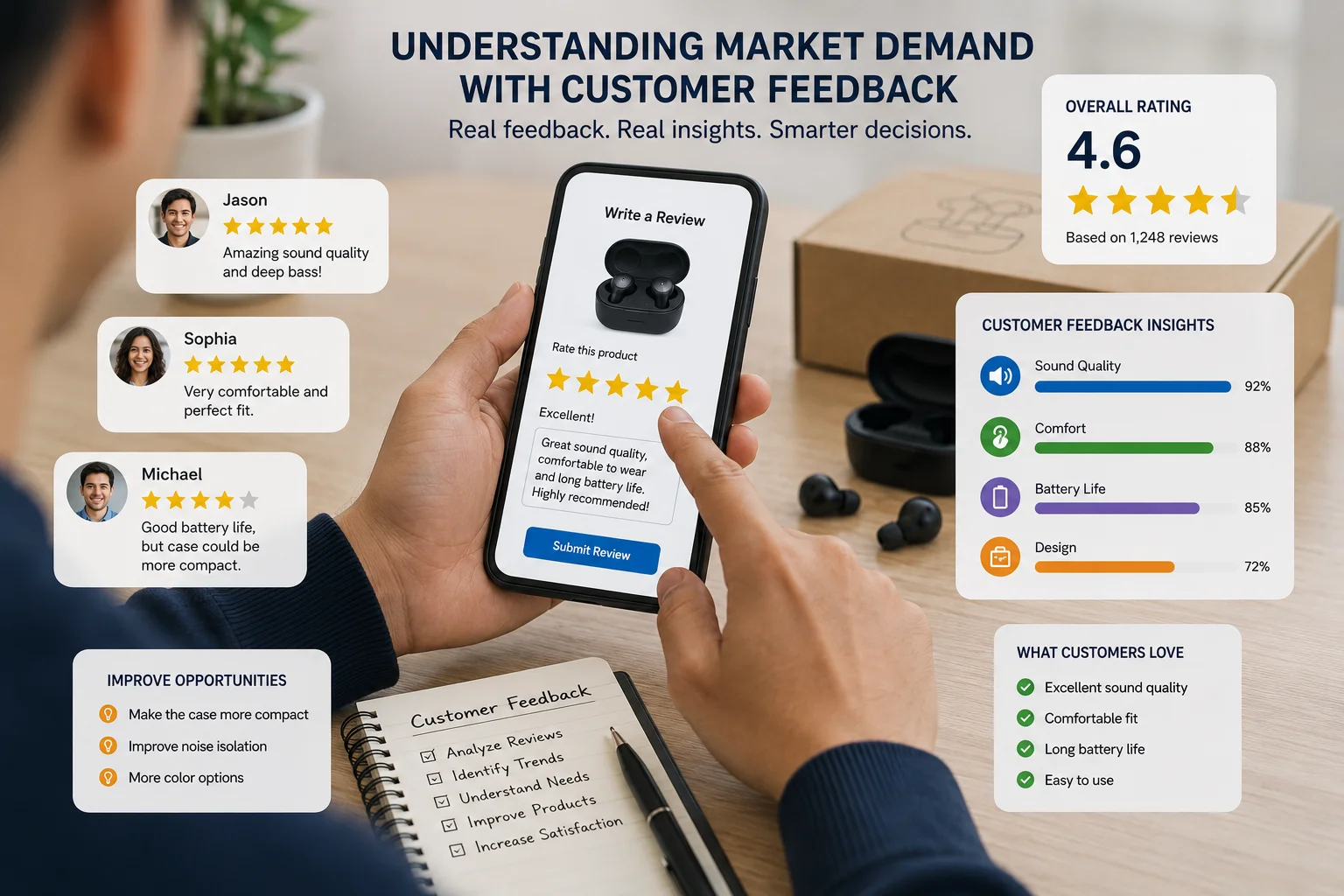 Understanding Market Demand with Customer Feedback A customer leaving a product review on a phone