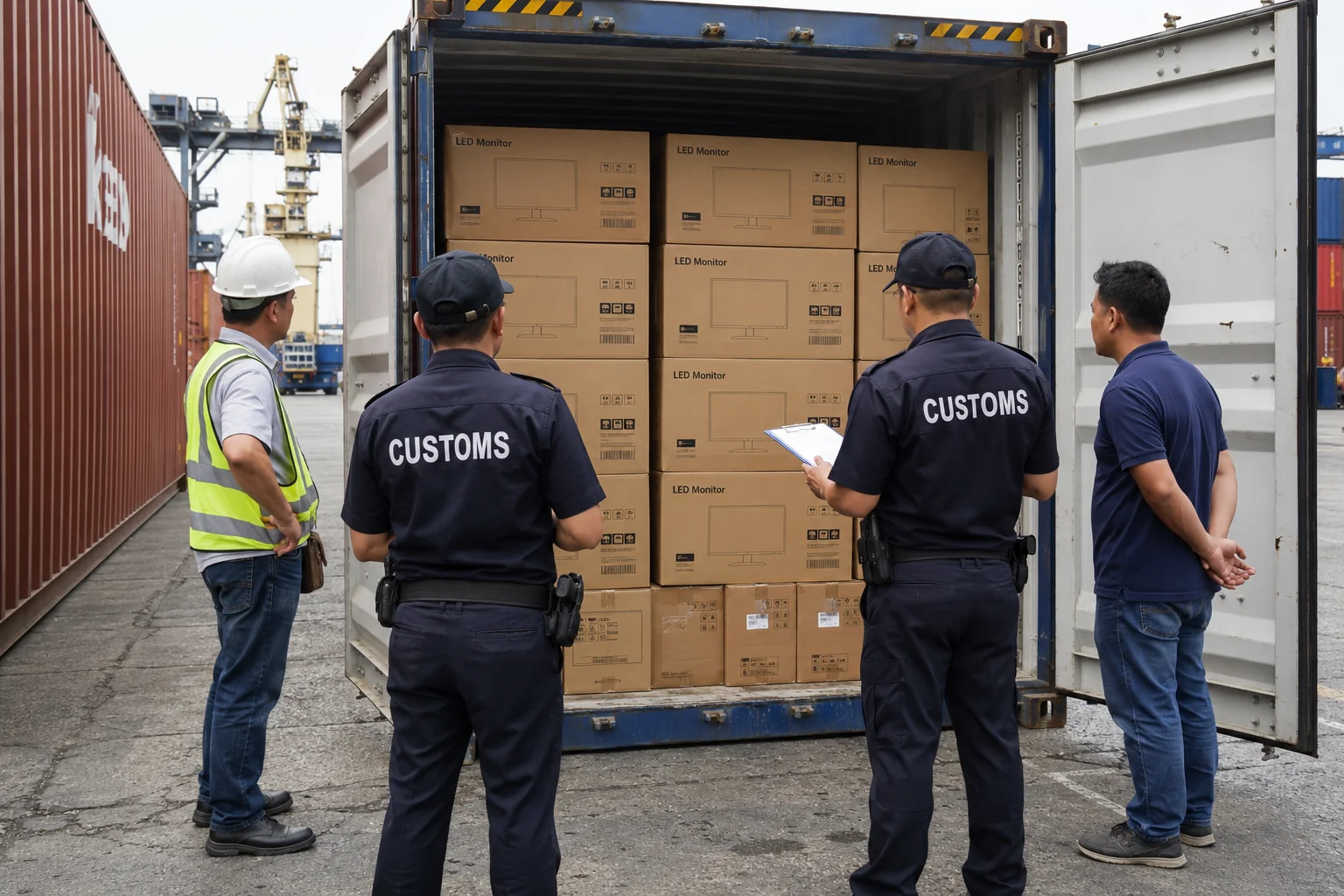 A shipping container being inspected at a port by customs officials.