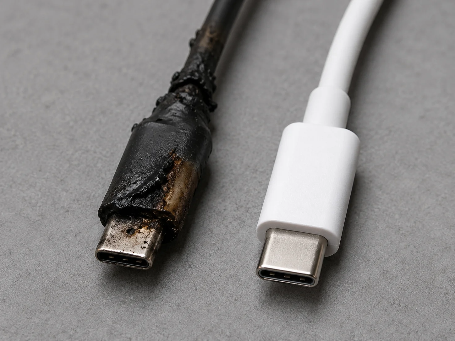 Burnt and melted USB-C cable connector A photo of a burnt or melted USB-C connector next to a new one