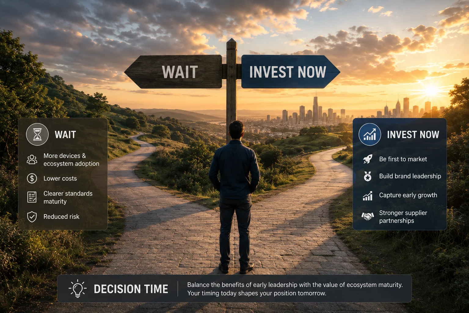 Decision Time for LE Audio A fork in the road showing 'Wait' and 'Invest Now' signs