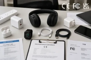 A collection of electronics accessories including headphones, chargers, cables, earbuds, and a smartwatch displayed on a table alongside CE, FCC, and UKCA certification documents.