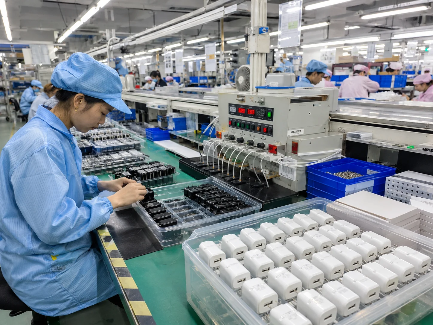 Inside a USB Charger Factory An assembly line for USB chargers inside a Chinese factory.