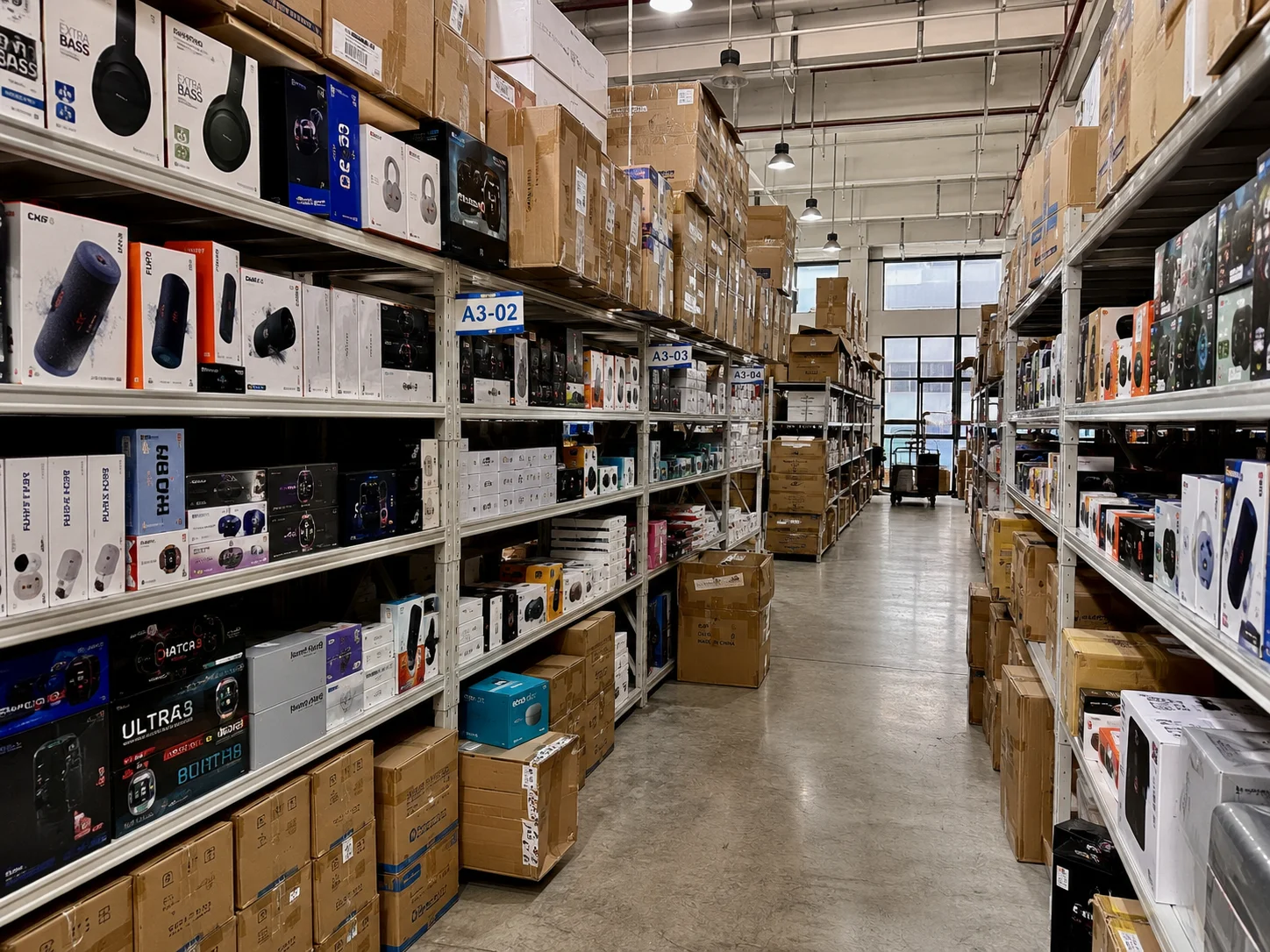 Trading company warehouse with diverse product stock a warehouse aisle filled with boxes of various electronic products