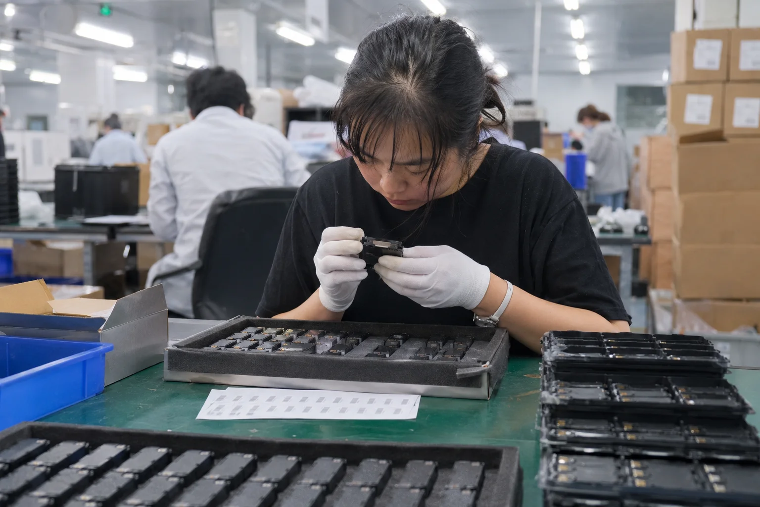 Inspecting 3C products before shipping a person inspecting electronic components on a factory line
