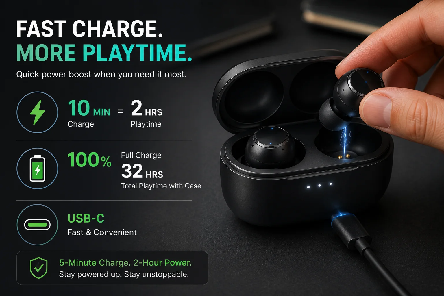 Fast Charging TWS Earbuds A TWS earbud being placed in a case with a lightning bolt icon