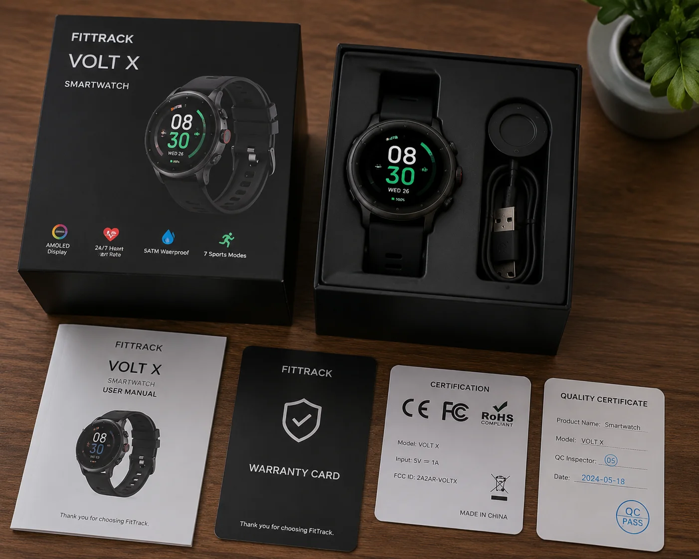 Smartwatch Packaging and Certification A complete smartwatch package with box, manual, and certifications