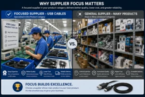 Side-by-side comparison showing a focused USB cable supplier production line with quality controls versus general supplier shelves with mixed products.