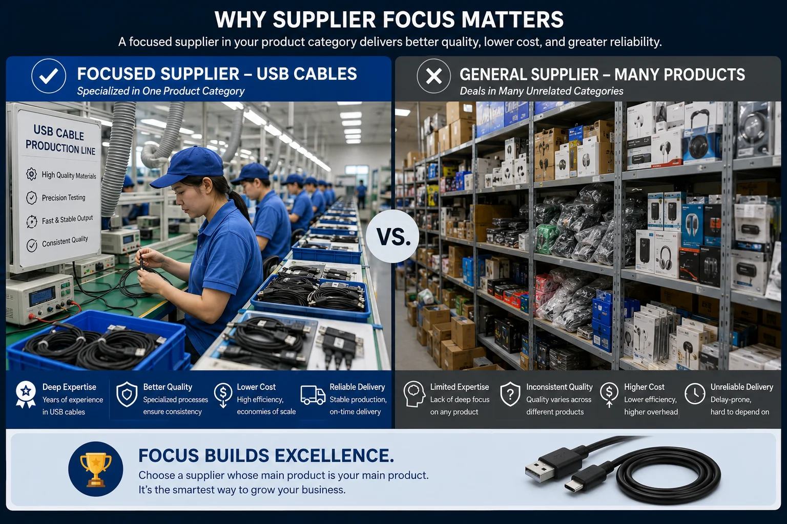 A focused factory line for USB cables vs a general electronics warehouse