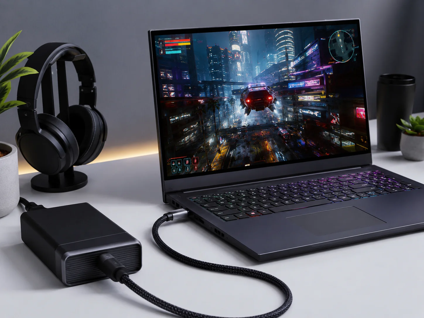 Gaming laptop charging with a 240W USB-C cable A large gaming laptop connected to a thick USB-C cable and power brick