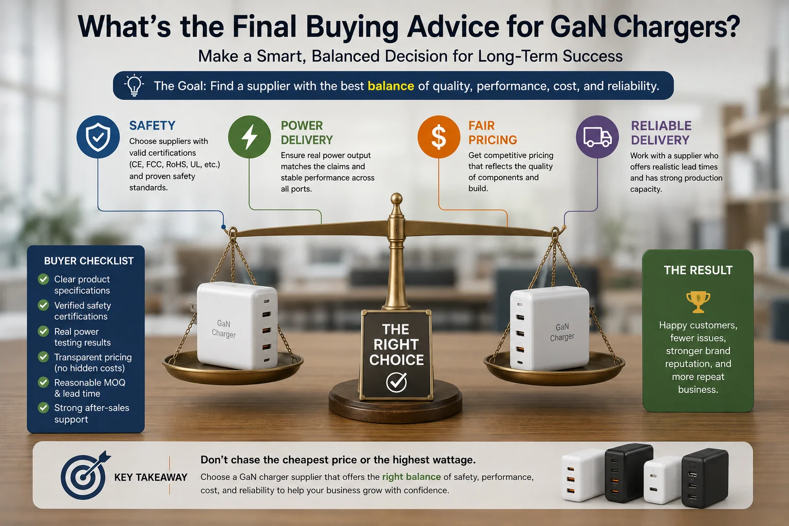 Balancing Factors in Buying GaN Chargers A scale balancing power, safety, cost, and delivery.