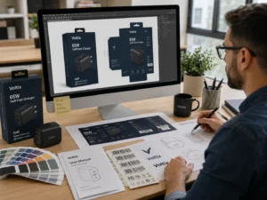 A designer at a desk working on the packaging design for a Voltix 65W GaN fast charger, with the product, color swatches, and sketches visible.