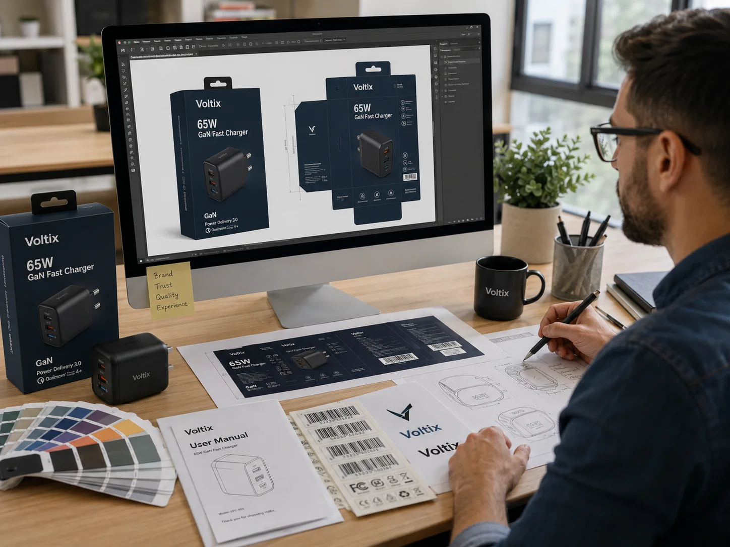 Charger Packaging Design A designer working on packaging artwork for a GaN charger