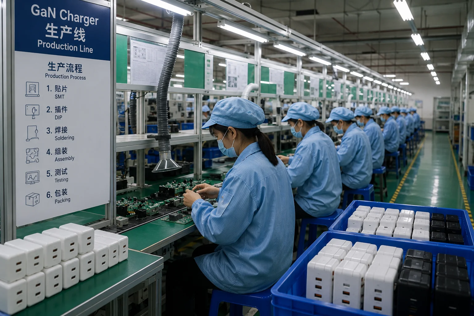 GaN Charger Production in China An assembly line showing GaN chargers being manufactured.