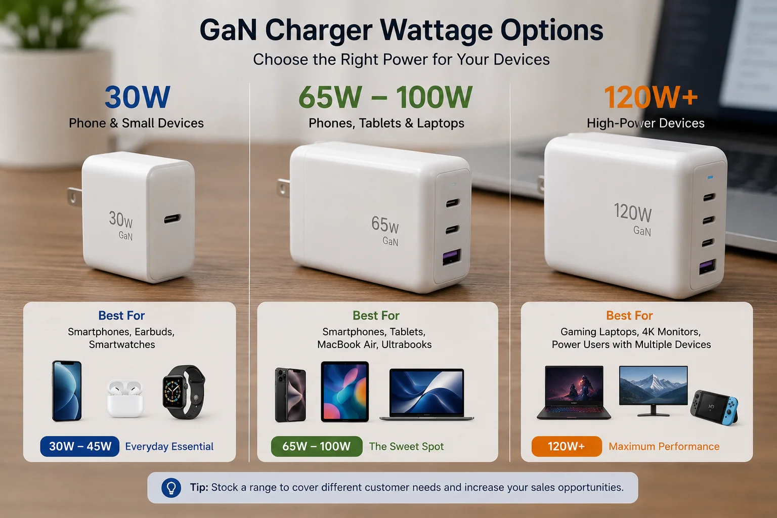 GaN Charger Wattage Options Different GaN chargers with their wattage displayed: 30W, 65W, 100W.