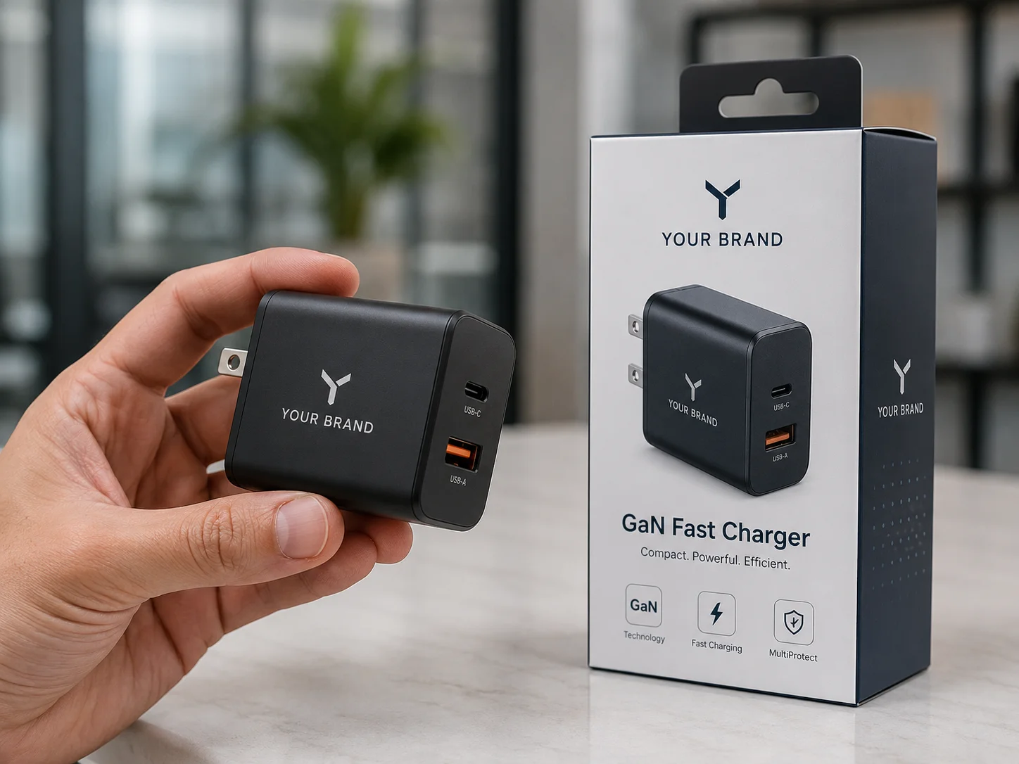 Custom Branding on GaN Charger A hand holding a GaN charger next to its custom-branded box