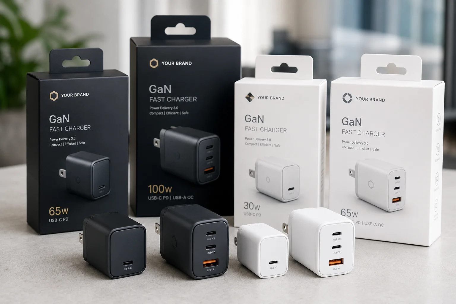 Private Label GaN Chargers for Importers A collection of private label GaN chargers with custom packaging