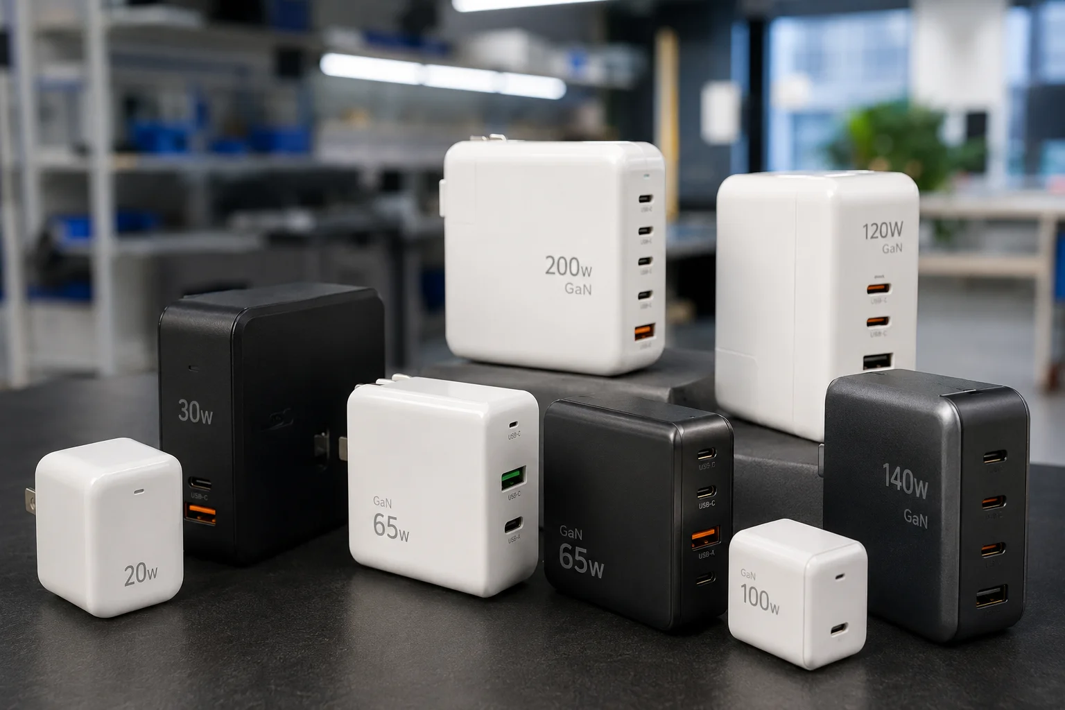 GaN Charger Manufacturer Comparison A collection of GaN chargers with different wattages and ports.