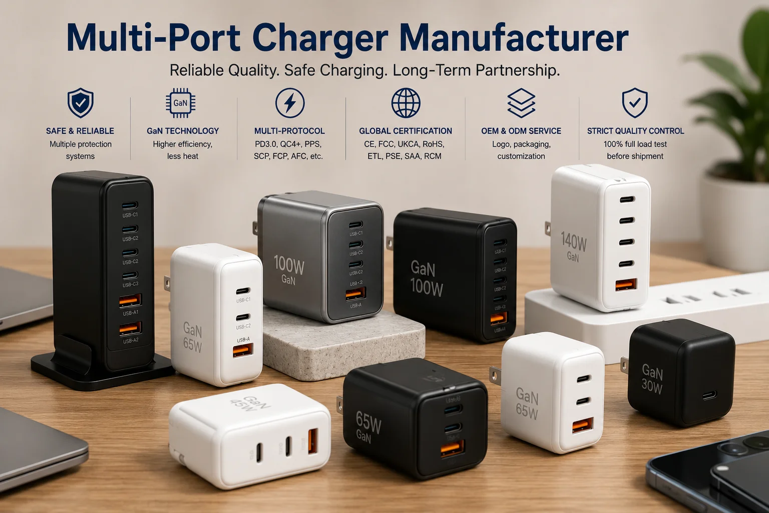 Multi-Port Charger Sourcing A variety of multi-port chargers on a table