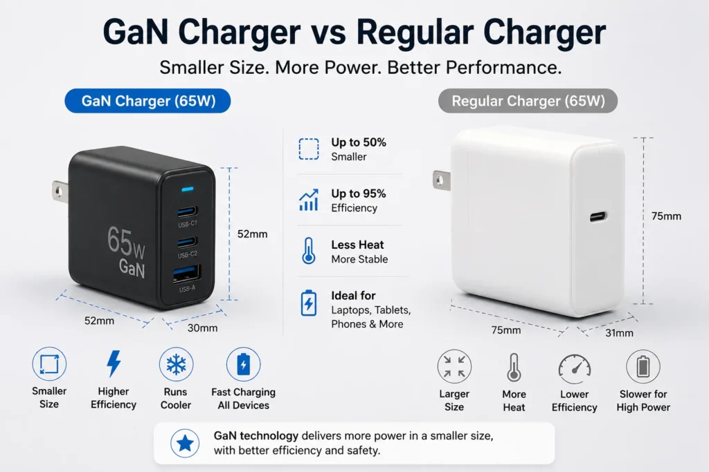 Comparison graphic showcasing the advantages of a 65W GaN charger over a regular 65W charger, emphasizing smaller size, higher efficiency, less heat, and compatibility with laptops and phones.