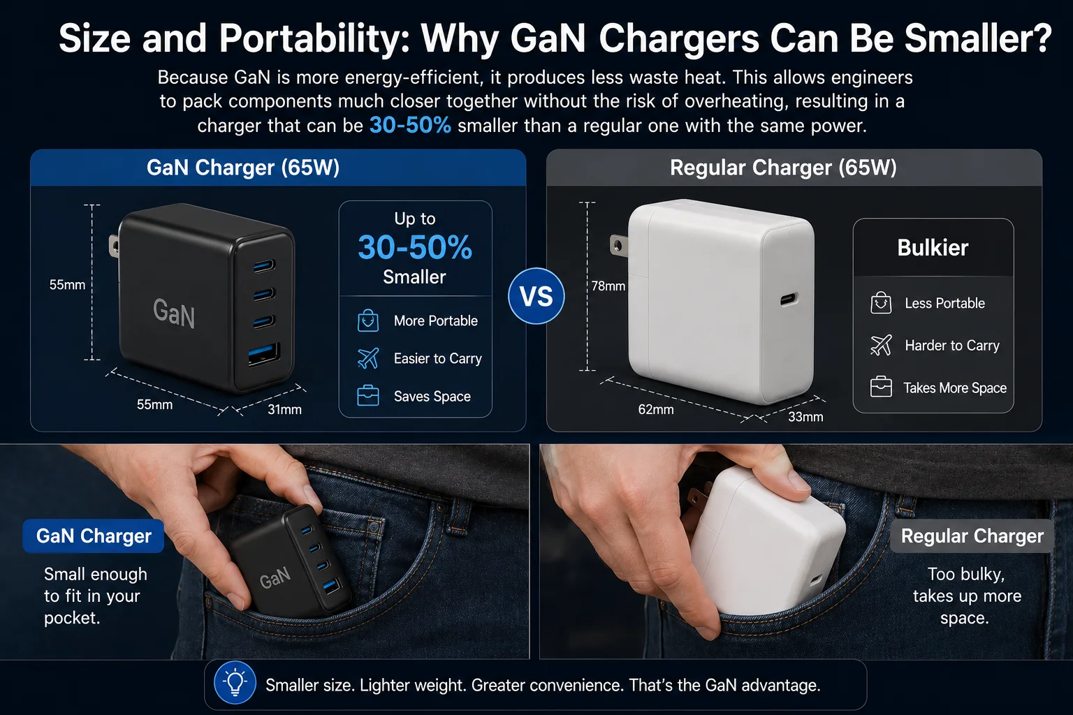 A GaN charger fitting in a pocket vs a bulky regular charger
