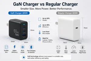 Comparison graphic showcasing the advantages of a 65W GaN charger over a regular 65W charger, emphasizing smaller size, higher efficiency, less heat, and compatibility with laptops and phones.