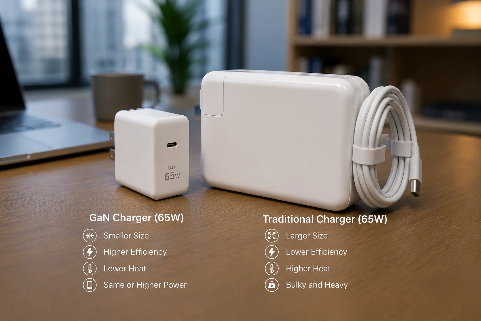 GaN Charger vs Traditional Charger A small GaN charger next to a large traditional laptop charger.