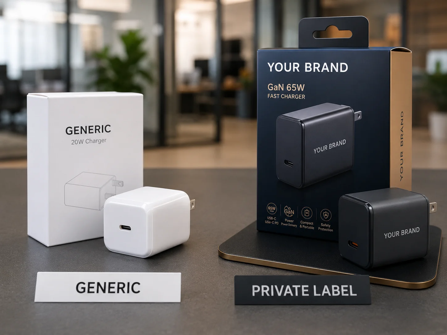 Generic vs. Private Label Charger A generic charger versus a private label charger with distinct branding