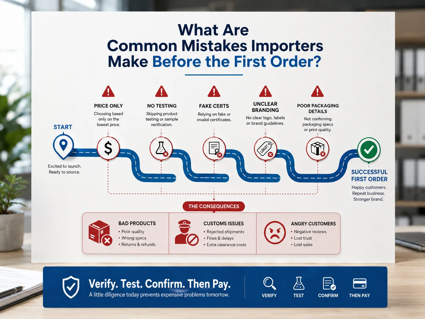 Common Mistakes in Sourcing A diagram showing a path with several pitfalls labeled "Price Only", "No Testing", "Fake Certs"