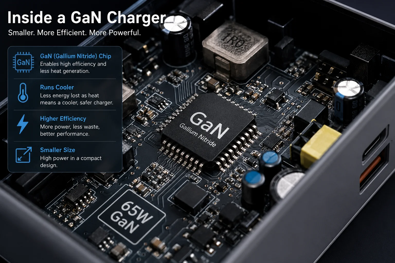 A circuit board showing a GaN chip