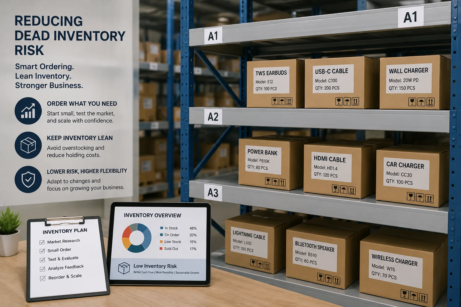 Reducing Dead Inventory Risk Warehouse shelves with some boxes, representing inventory management