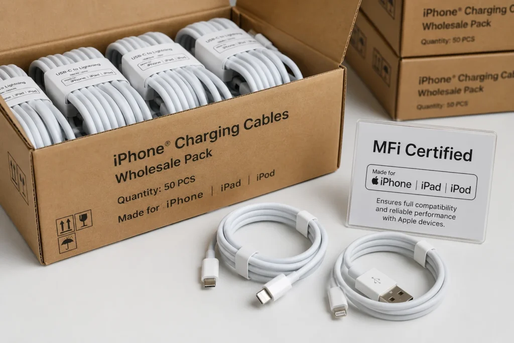 A wholesale box of MFi certified USB-C to Lightning iPhone charging cables with a sign emphasizing compatibility with iPhone, iPad, and iPod.