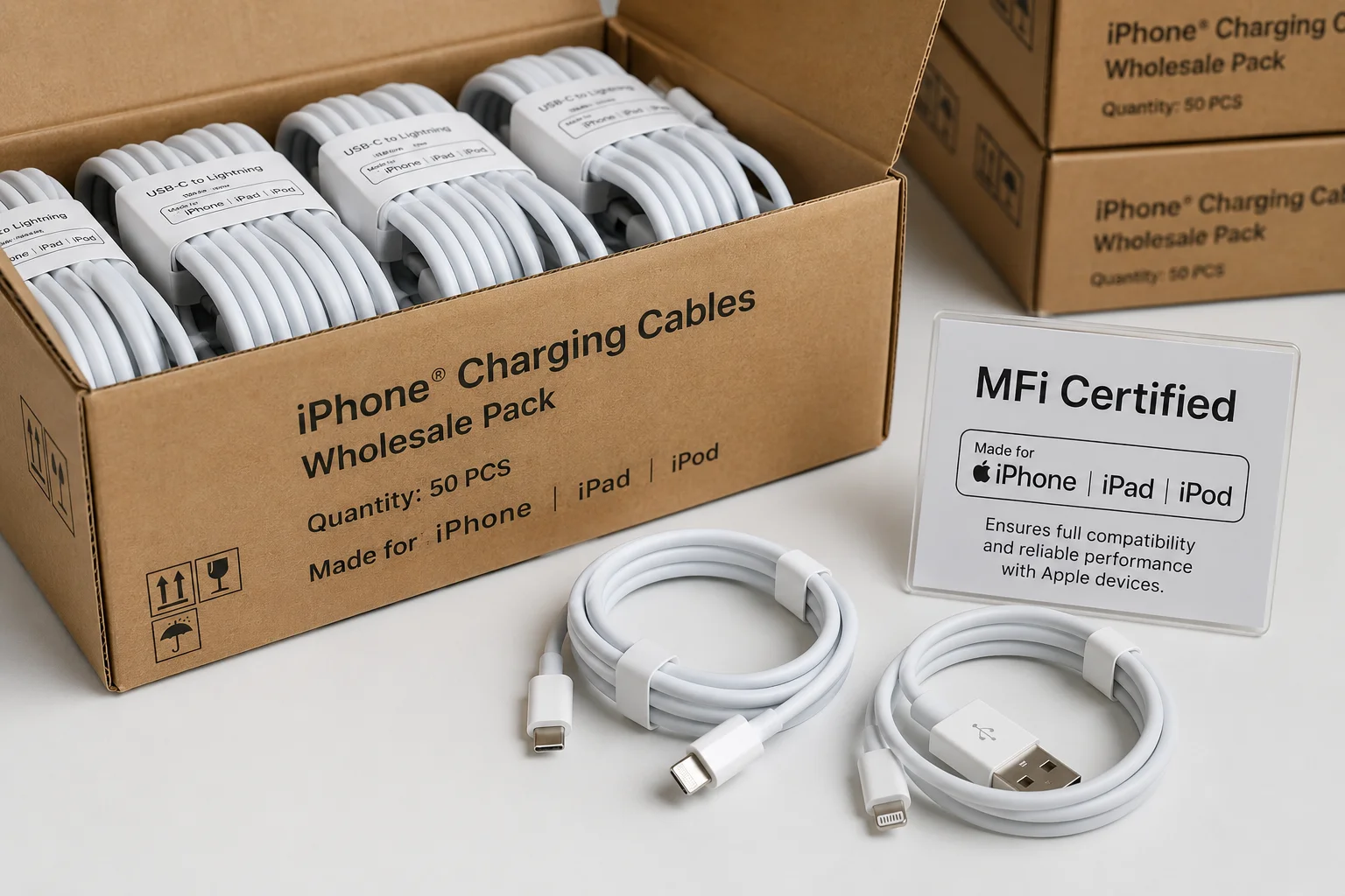 Apple MFi logo next to a wholesale box of cables