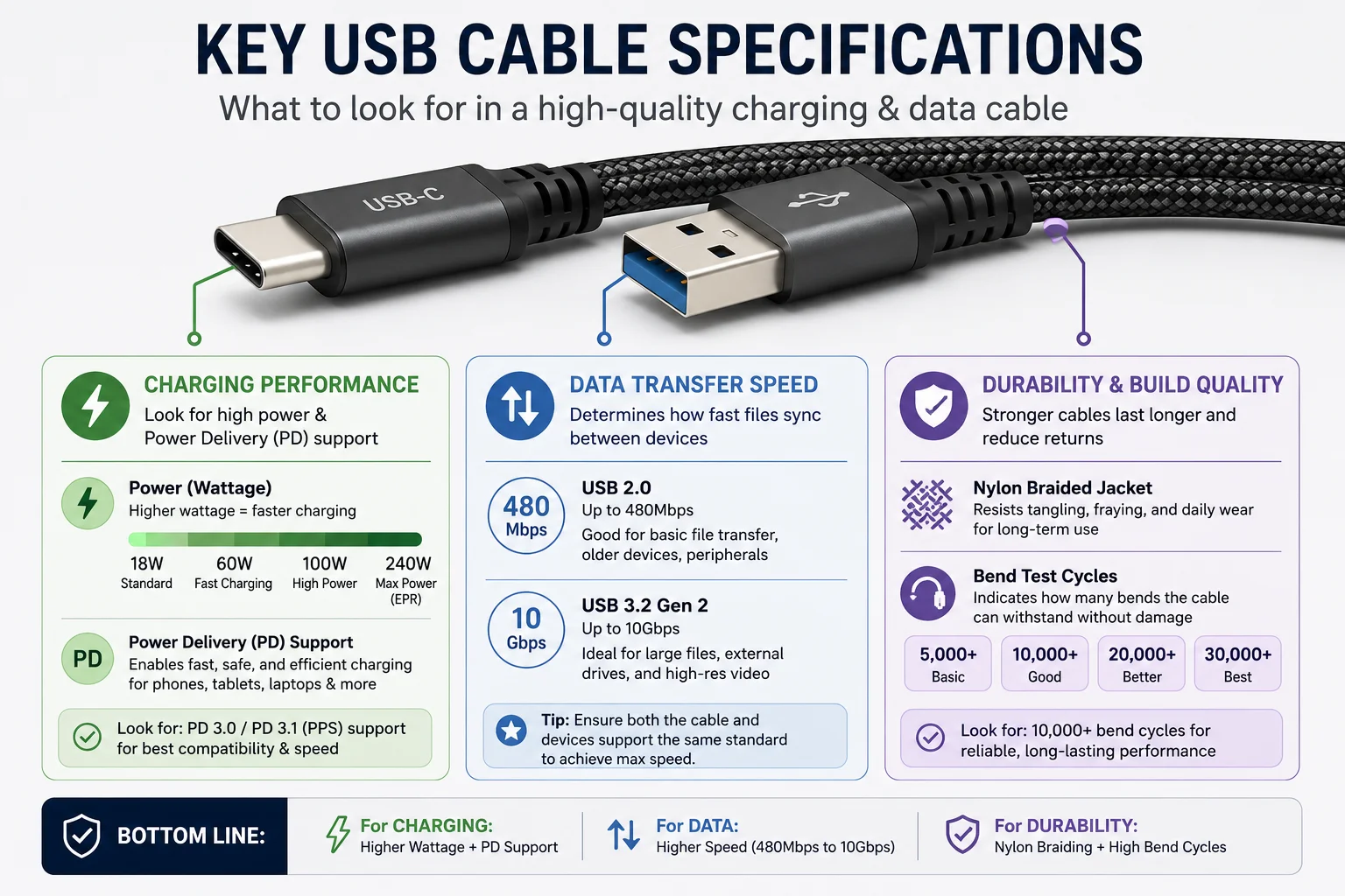 A USB cable with icons showing power, data speed, and durability