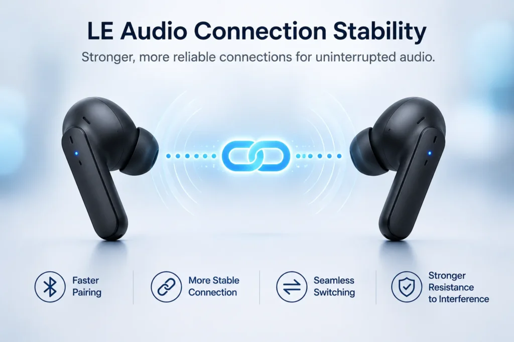 Pair of black wireless earbuds highlighting LE audio technology for stable connections, faster pairing, seamless switching, and resistance to interference.