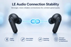 Pair of black wireless earbuds highlighting LE audio technology for stable connections, faster pairing, seamless switching, and resistance to interference.