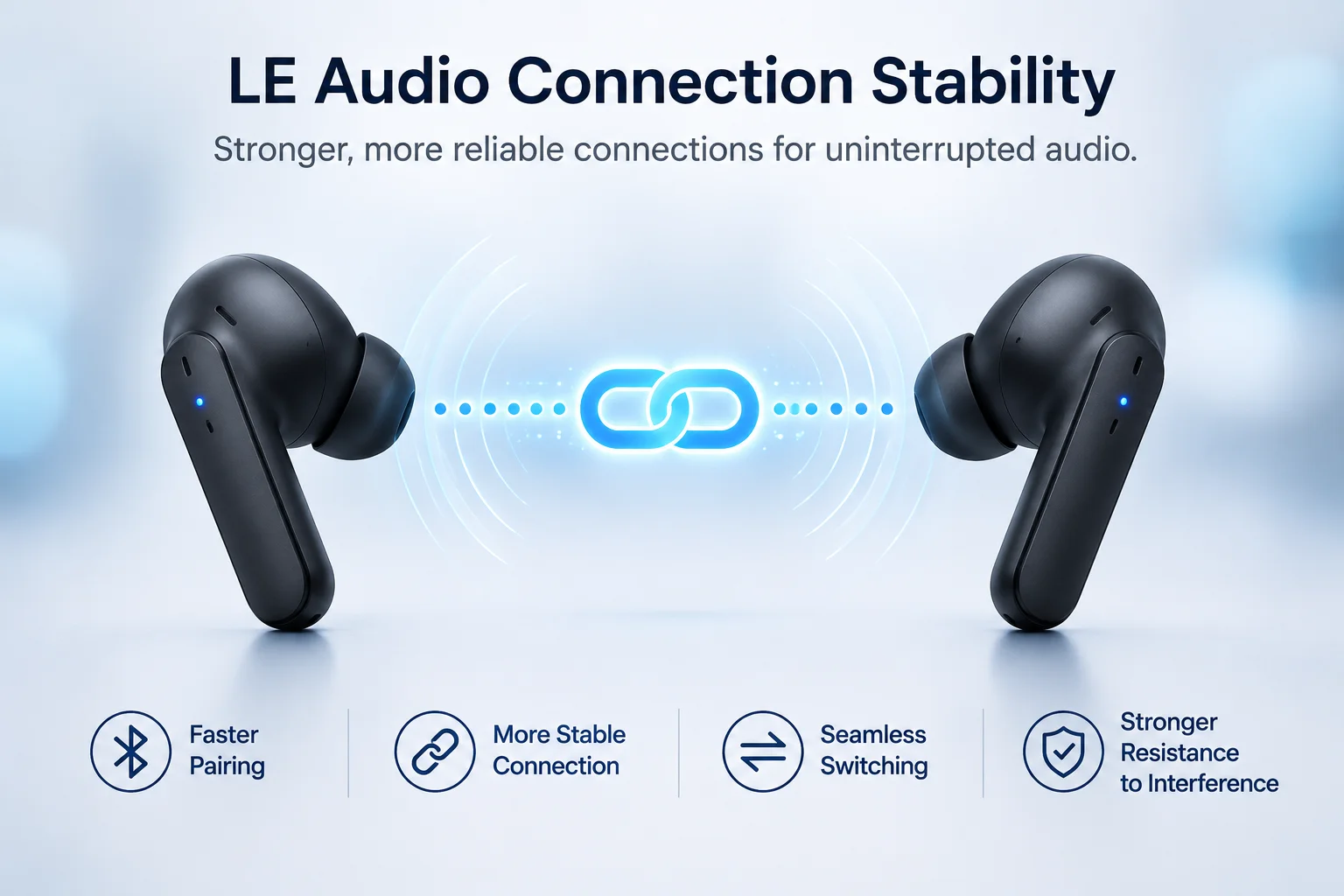 LE Audio Connection Stability Two earbuds with a strong, stable connection link between them