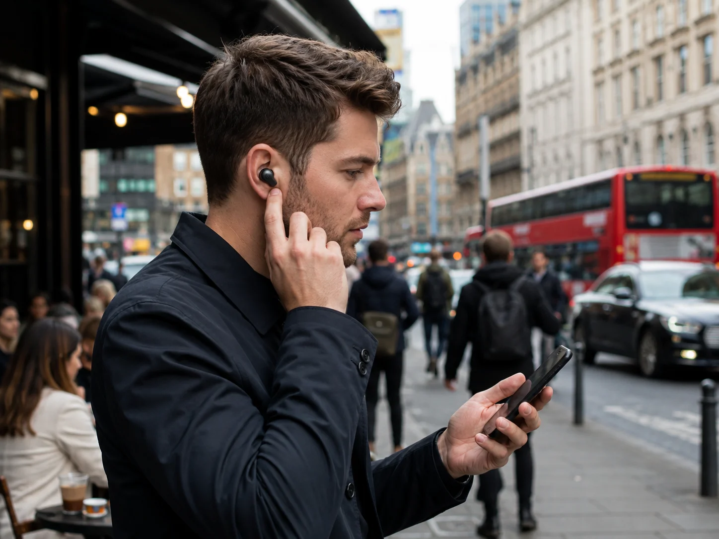 Testing ANC in a real environment A person wearing ANC earbuds on a busy city street