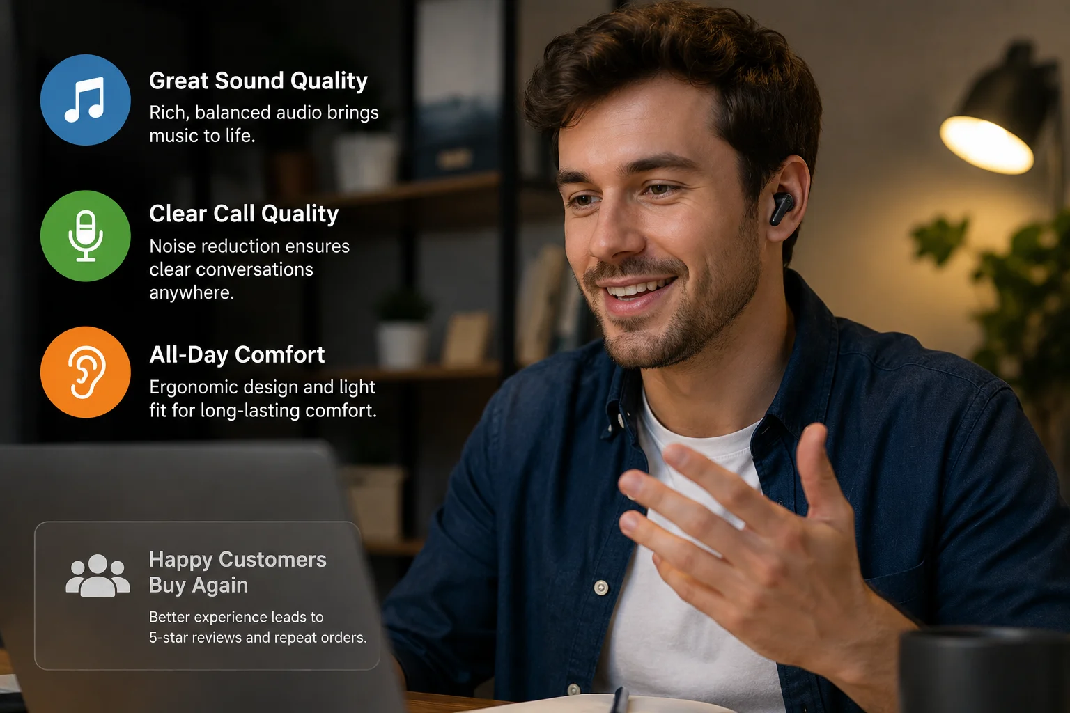 Comfort and Quality of TWS Earbuds A person happily wearing TWS earbuds while on a call