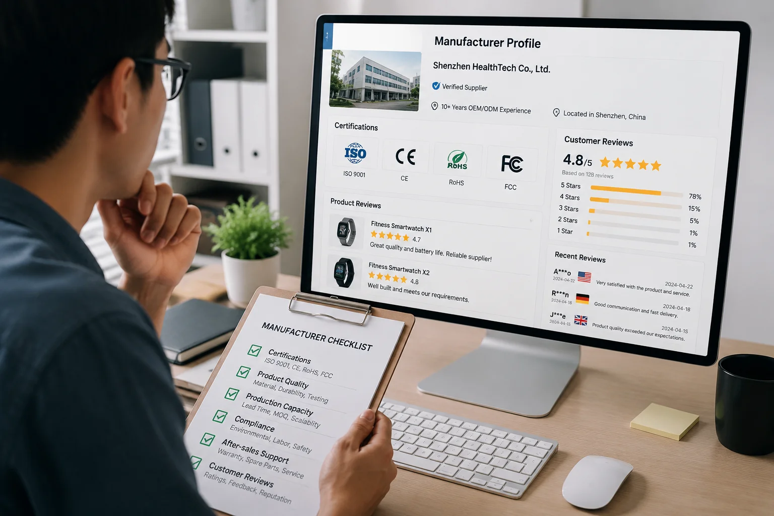 Verifying Manufacturer Reputation A person checking a company's certifications and reviews online